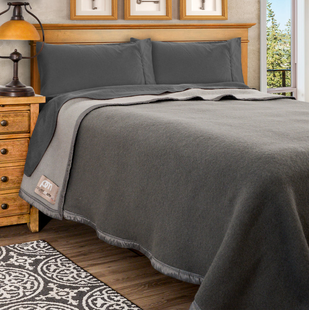 Poyet Motte Aubisque Reversible 500GSM Heavyweight 100% Wool Blanket, Grey