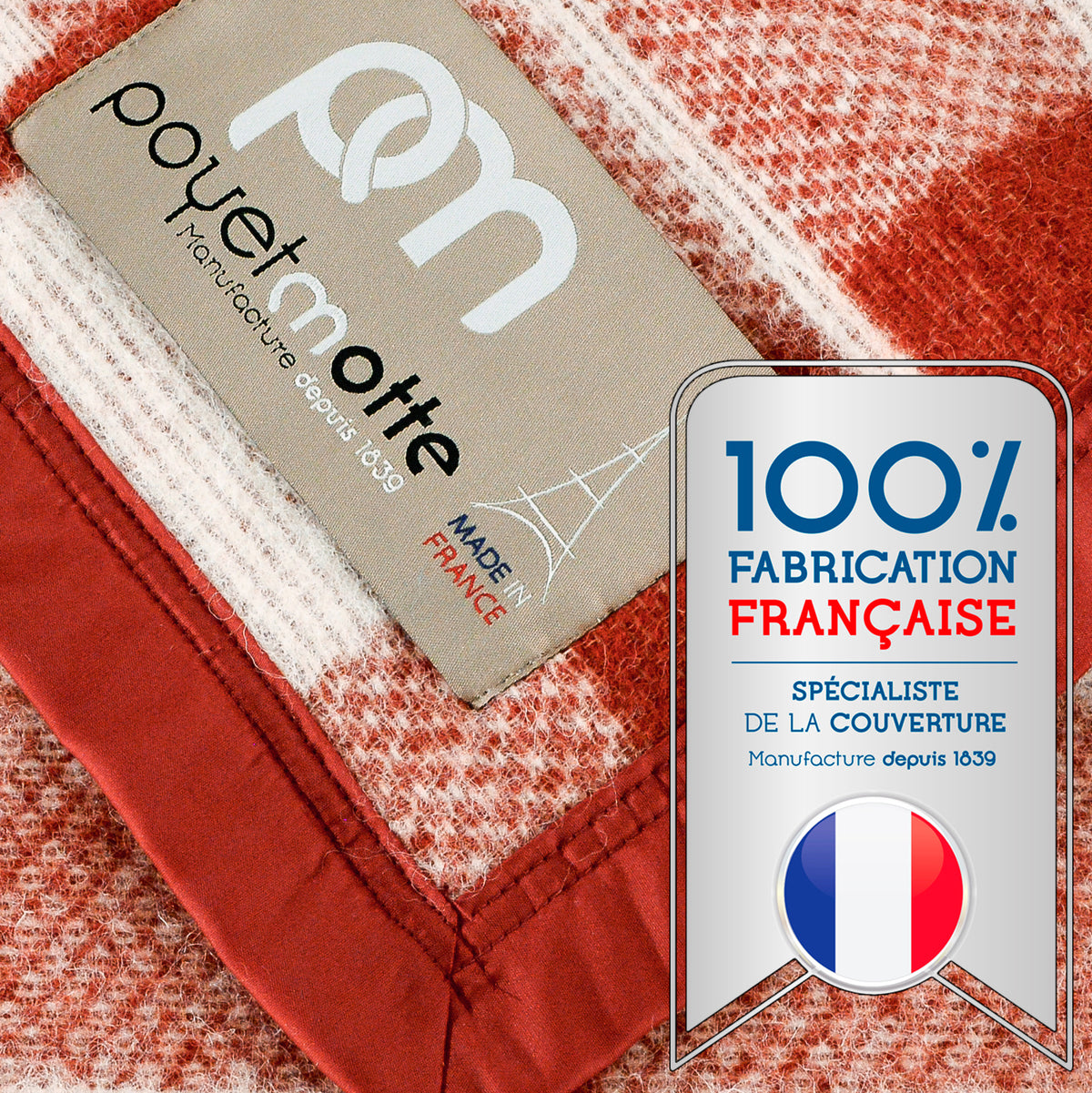 Poyet Motte Rivoli/Elysee 400GSM Mid-Weight 100% Virgin Wool Blanket, Red/Natural